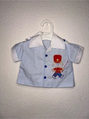 Vintage Light Blue Toddlers Shirt with Toy Soldier Embroidery Measurements below